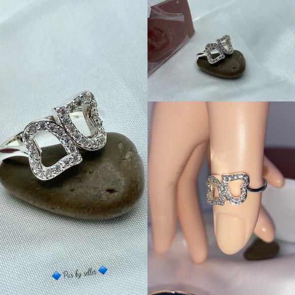 Micro Paved Double Open Heart 925 Silver Band Ring - Picture 6 of 6